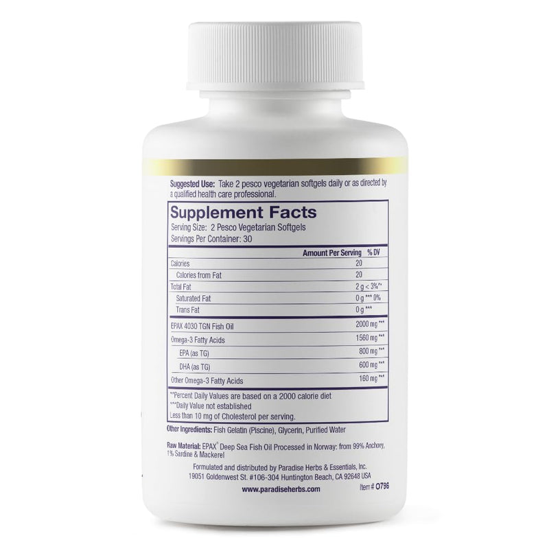 Paradise Herbs Omega-Sure Fish Oil Omega-3 DHA EPA 60 Softgels | Vegetarian concentrate in non-GMO, gluten free softgel form, formulated for heart health support and daily use 60 Count (Pack of 1)