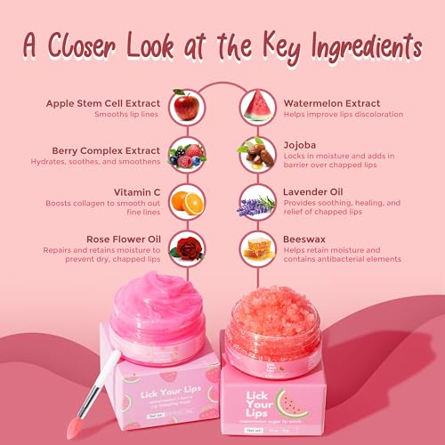 Watermelon Sugar Lip Scrub & Lip Sleeping Mask Duo to Exfoliate and Nourish Dry, Chapped Lips