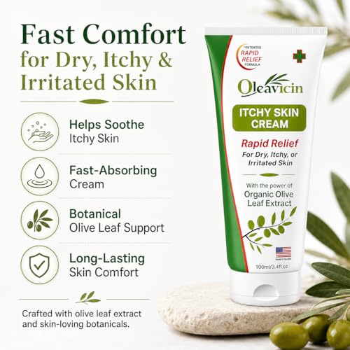 Oleavicin Extra Strength Anti-Itch Cream - Itchy Skin Cream for Fast Itch Relief - Natural Anti Itch Cream for Adults & Kids - Organic Olive Leaf Extract - Steroid-Free Rash Relief for Sensitive Skin 1 Pack