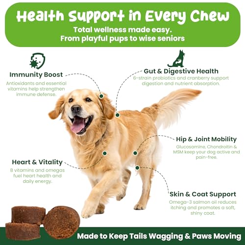 Vibin’ Tails Dog Multivitamin, Chewable Dog Vitamins and Supplements with Glucosamine, Chondroitin, Probiotics & Omega-3 for Hip & Joint, Skin & Coat – Puppy & Senior Multivitamin – 120ct