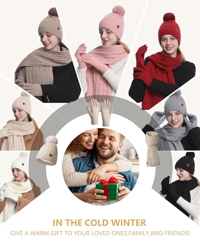 GADIEMKENSD Winter Beanie Scarf Gloves Set, Keeping Warmth, Cable Knit Design, Sensitive Touchscreen Fingertips Beige