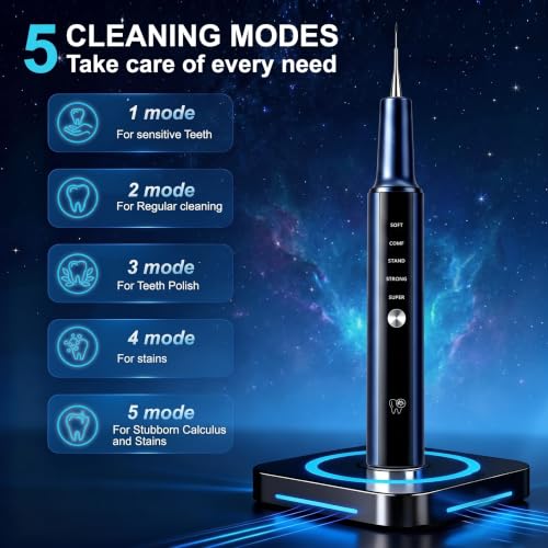 Plaque Remover for Teeth, Dental Cleaning Kit Tartar Remover for Teeth with LED Light & 5 Modes, Rechargeable Dental Cleaner, 3 Replaceable Heads
