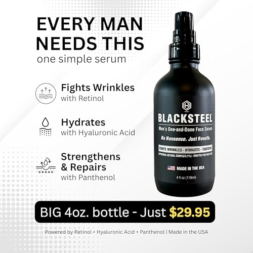 BLACKSTEEL Men's Anti-Aging Face Serum with Retinol & Hyaluronic Acid | One-Step Daily Wrinkle, Hydration & Firming Solution | Fast-Absorbing, Non-Greasy Skincare Made in USA | 4 oz Single Bottle 4 Fl Oz (Pack of 1)