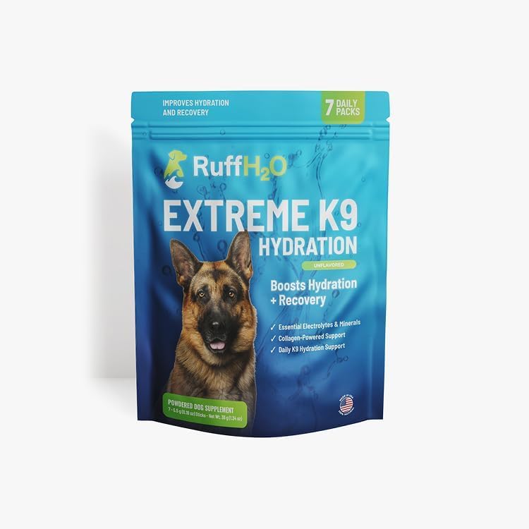 Ruff Greens RuffH2O Extreme K9 Hydration Powder for Dogs, Electrolyte Supplement with Collagen, Supports Hydration and Recovery, Made in USA, 7 Daily Packs (0.25 oz Each) (Unflavored) | Electrolyte Supplement with Collagen, Supports Hydration and Recov...