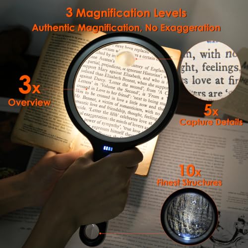 3X 5X 10X Rechargeable Magnifying Glass with Light Large for Reading