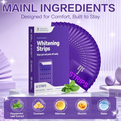 Purple Teeth Whitening Strips 21 Treatments, Enamel Safe - Non Sensitive Teeth Whitening - Non Slip Whitener Strips for a Brighter Smile (Pack of 42 Strips) 1 Count (Pack of 42)