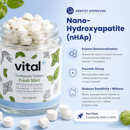 Vital Toothpaste Tabs with 7% Nano-Hydroxyapatite | Naturally Whitens + Remineralizes Teeth | Fluoride & Plastic Free | Combats Sensitivity | Travel & Eco Friendly | Fresh Mint | 248 Tablets (4 Month) 248 Count (Pack of 1)