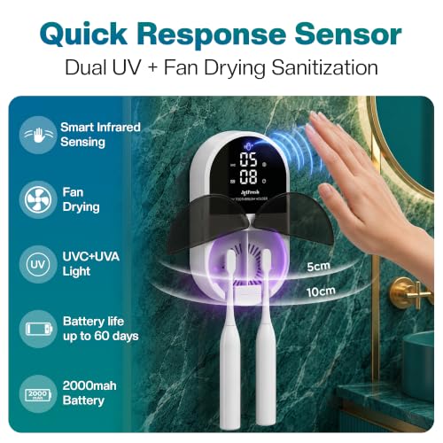 Jetfresh UV Toothbrush Sanitizer and Holder with Fan Drying | Wall Mounted UV-C Toothbrush Cleaner | Tooth Brush Sanitizer Holder Auto Shut-Off, USB Rechargeable, Fits All Brushes. Sx-9 White
