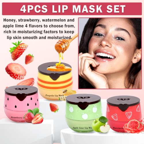 4PCS Bee Lip Balm Honey Pot Sleeping Lip Mask Set Honey Lip Balm Honey,Strawberry,Watermelon,Apple