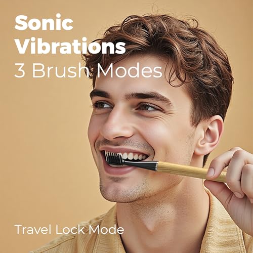 MIPOW Brush GO SlimPro i4 Electric Toothbrush Rechargeable Smart Ultra Sonic 3 Modes, Travel Case & Ceramic Dock, 60Day Battery Soft Bristles 2 Heads IPX7 Waterproof, Color-Woodgrain Edition