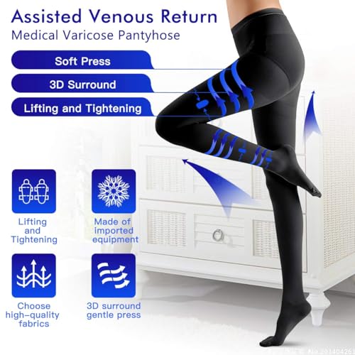20-30mmHg Compression Pantyhose for Women, Medical Compression Stockings, High Waist Opaque Compression Tights for Lymphadema Edema, Swelling, Varicose Veins, Support Hose for Teacher Doctor L Black