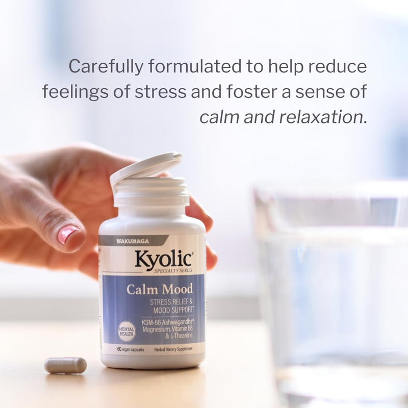 Kyolic Specialty Series Calm Mood, 60 Capsules | Stress Relief and Mood Support*, Calm Relaxation Formula with KSM-66 Ashwagandha, L-Theanine and Magnesium, GMO-Free 60 Count (Pack of 1)
