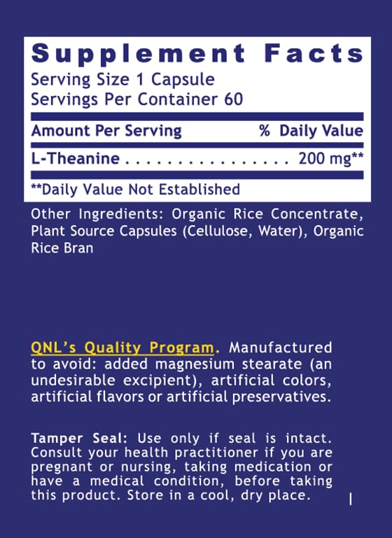 Quantum Nutrition Labs L-Theanine Extra Strength - Pure L Theanine Supplement 200mg, Focus & Energy for Men & Women, Amino Acid for Relaxation, Natural Support for Adults & Kids - 60 Vegan Capsules