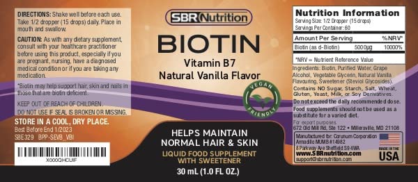 SBR Nutrition Biotin Liquid Drops, 5000mcg per Serving (60) 1.0Fl.oz (30ml) Vanilla Natural Vanilla - 5,000 mcg