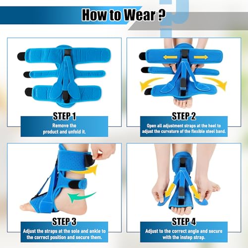 Plantar Fasciitis Night Splint - Adjustable Straps Relief Brace with Fasciitis Socks Massage Ball Arch Support, Foot Drop Achilles Tendonitis Heel Pain Night Support for Women Men (Blue) Blue