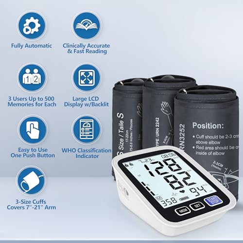 Blood Pressure Machine Upper Arm, 3 Size Cuffs, Small 7"-9", Medium/Large 9"-17" and Extra Large XL Cuff 13"-21", Accurate Automatic Digital BP Cuff Home Use, Large Backlit BP Monitor 3-User 1500 Mem Small, Medium/Large & XL Sizes
