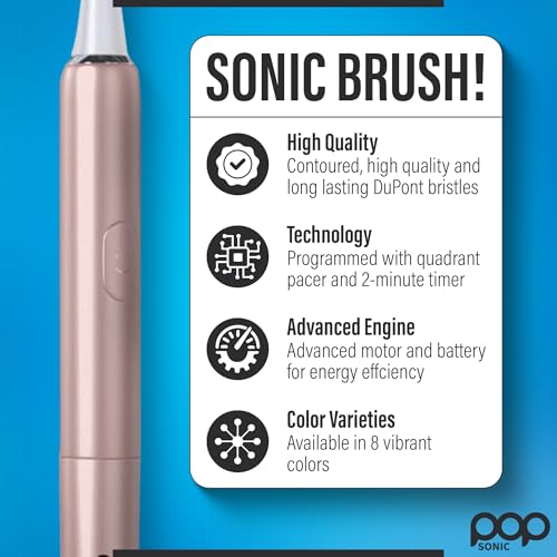 Pop Sonic Go Plus – Rose Gold – Electric Toothbrush for Adults – 2 Speed – Electric Toothbrush – Bathroom Essentials & Travel Essentials – Dupont Nylon Bristles –18000-24000 Strokes/Min w/AAA Battery