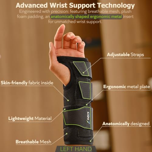 ZOFORE SPORT Wrist Brace for Carpal Tunnel with Metal Splint, Men and Women, Left Hand, XL Left Hand - L/XL Black