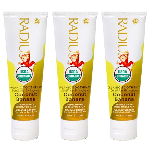 RADIUS USDA Organic Kids Toothpaste 3oz Non Toxic Chemical-Free Gluten-Free Designed to Improve Gum Health for Children's 6 Months and Up - Coconut Banana - Pack of 3 3 Ounce (Pack of 3)