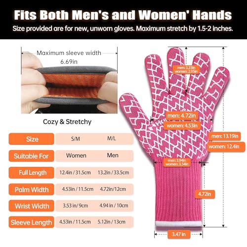 HandLove BBQ Gloves, Oven Gloves with Fingers – Heat Resistant Gloves for Grilling | Silicone Grip, Long Cuff Mitts - Kitchen & Outdoor Barbecue, Cooking, Baking, Pink L