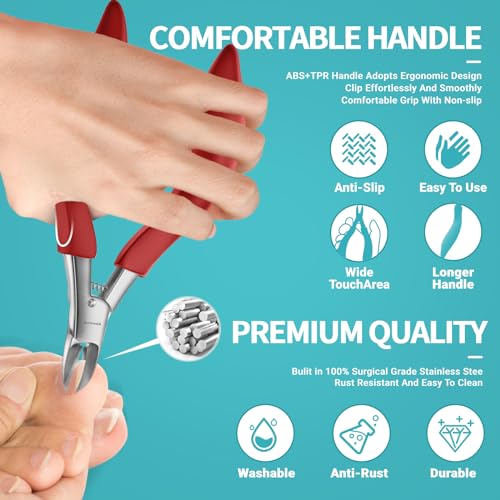 Toenail Clippers for Ingrown & Thick Toenails - Heavy Duty Toe Nail Clippers for Remove Side Ingrown Toenail with Angled Sharp Blades, Professional Pedicure Tool with Long Handle for Seniors & Men Paronychia Nemesis - Red Kit