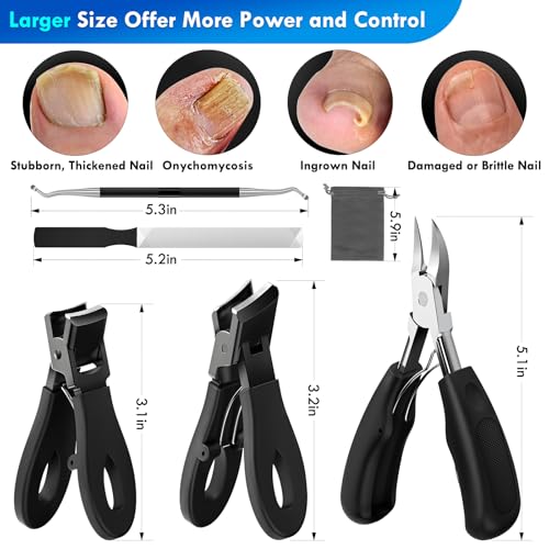 Ingrown Toenail Tools Kit, Wide Jaw Straight Clippers for Thick Nails Black Precision Trim Kit