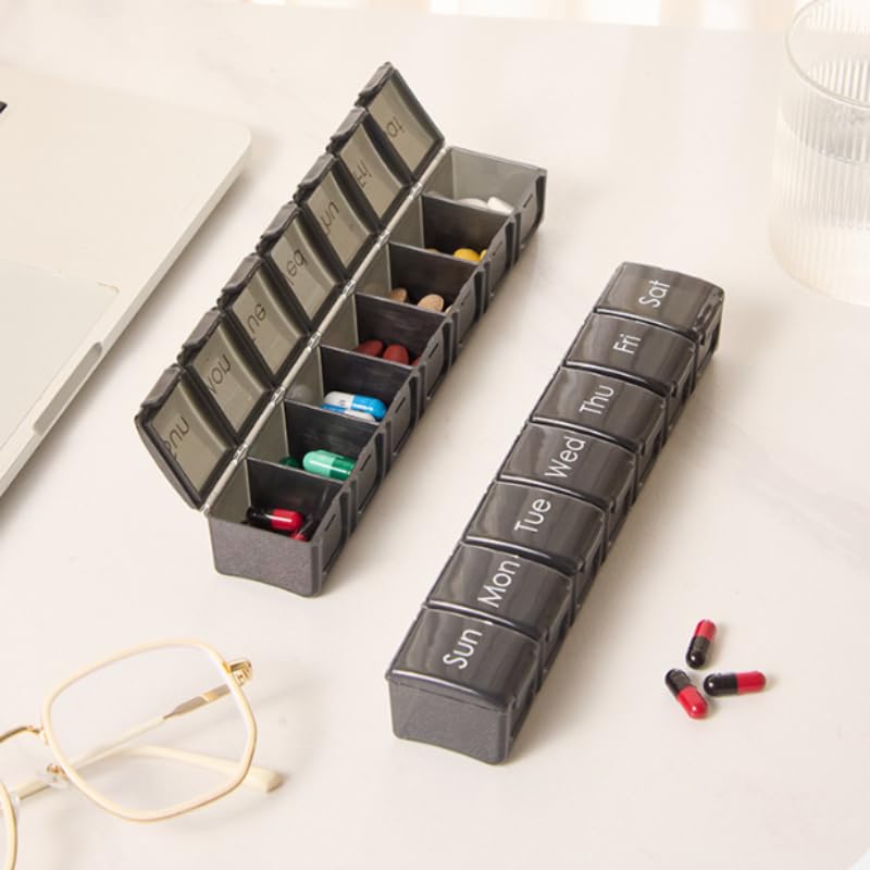 Weekly Pill Organizer 7 Day, Daily Medicine Planner with Large Compartments, Portable Vitamin and Supplement Organizer Case, Travel Friendly Design (Black)