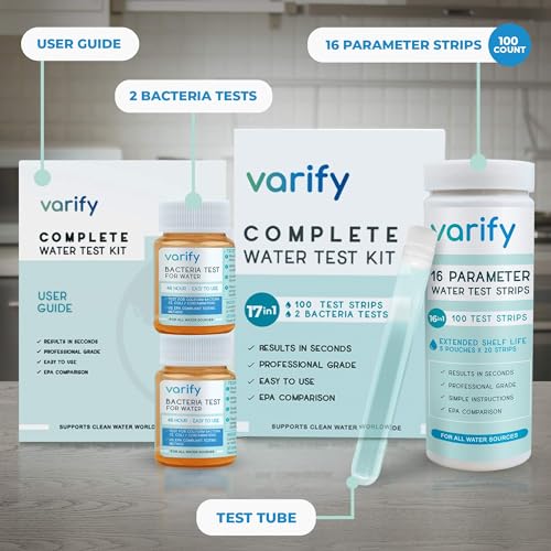 Varify 17in1 Complete Drinking Water Test Kit - 100 Strips + 2 Bacteria Tester Kits - Well, Tap, Home, City Water Testing Strip for Lead, Alkaline, Chlorine, Hardness, Iron, Fluoride, Copper & More