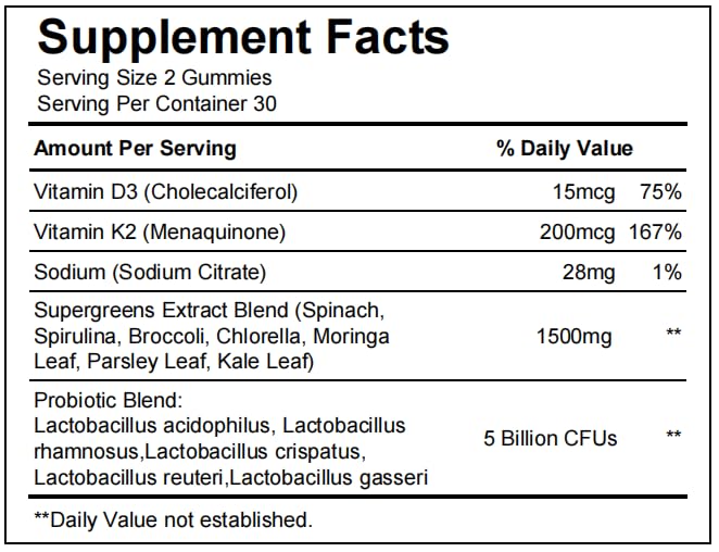 WonderGreens Super Greens Gummies with Probiotics & Multivitamins,Green Apple Veggie Gummies for Energy Gut & Immune Support Gummy 60 Count