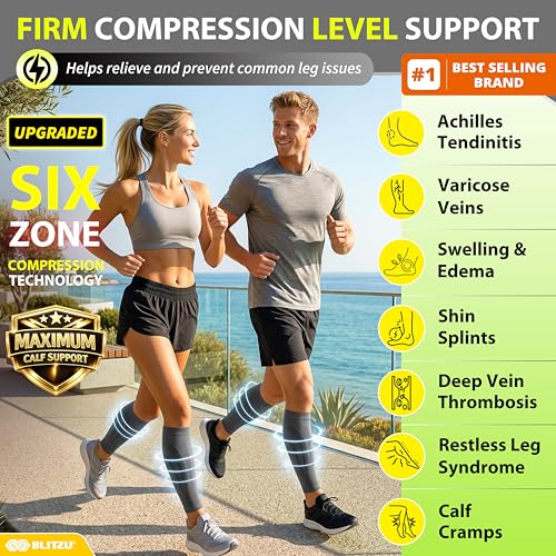 BLITZU Calf Compression Sleeves, 3 Pairs, Shin Splint Relief Running Socks Black Large-X-Large