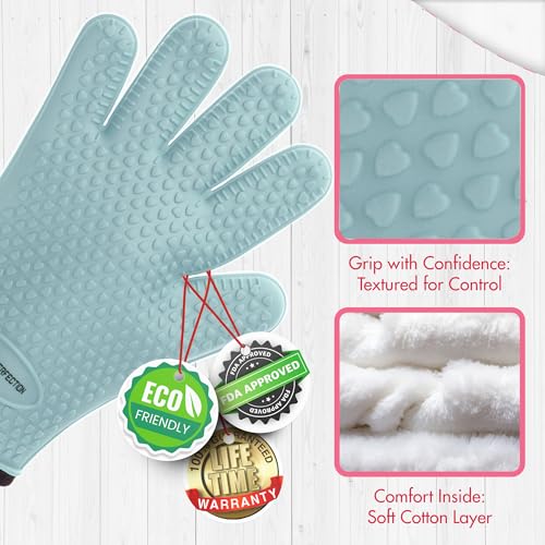 KITCHEN PERFECTION Smoker BBQ Grill Gloves -High Heat Resistant Oven Mitts Aqua One Size Fits Most