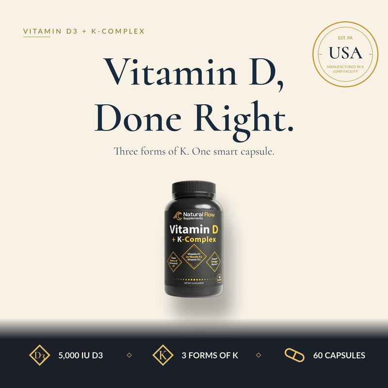 Natural Flow Vitamin D3 with K2 Complex, 5000 IU, 60 Capsules | Full K-Complex (K1, MK-4, MK-7) + FOS — Bone, Heart & Immune Support — Vegetarian, USA Made
