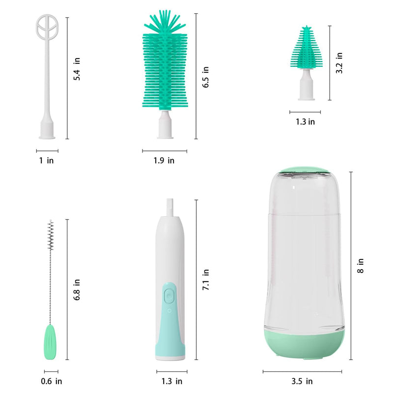 Electric Bottle Brush Cleaner, Electric Baby Bottle Cleaner with Replaceable Silicone Bottle Brushes,Nipple and Straw Brush, Travel Bottle Brush Set with Drainage Rack and Storage Box Green - BeesActive Australia