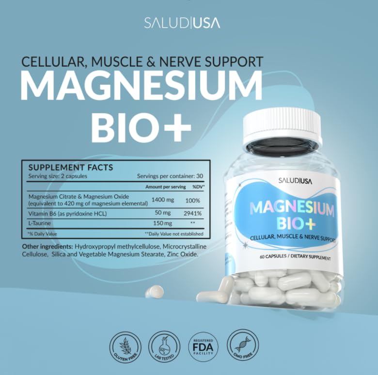 Magnesium Supplement with Taurine & Vitamin B6 – Magnesium BIO+ for Muscle Support, Nerve Health, Cellular Energy Production, Metabolism Support & Heart Health – 60 Capsules