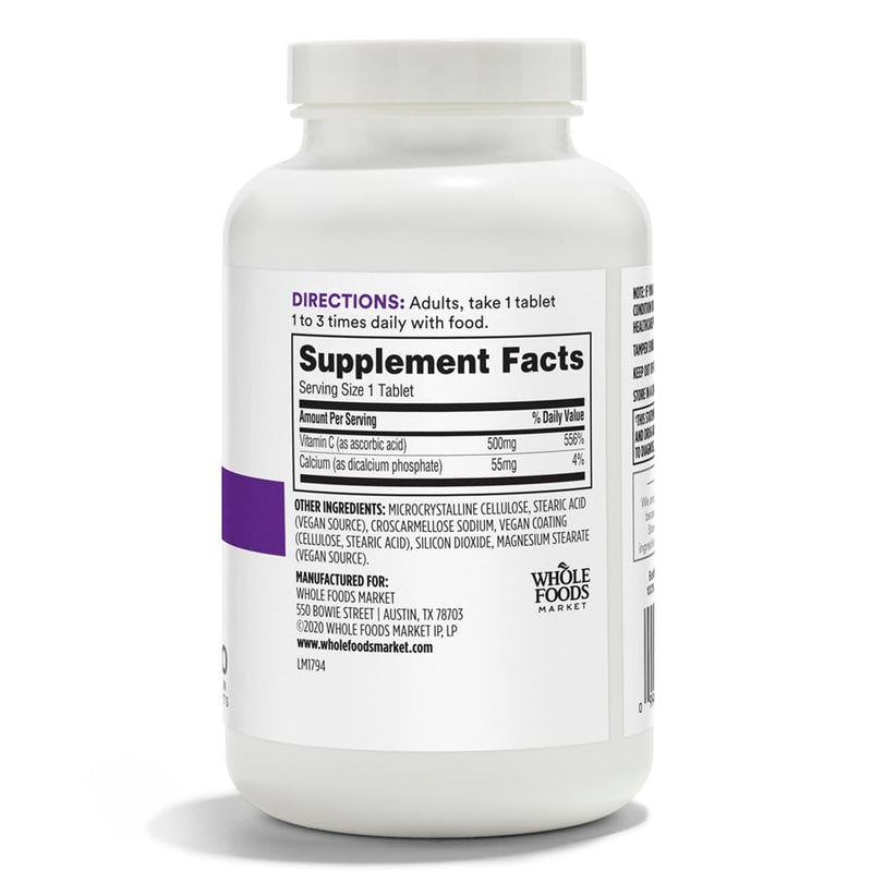 365 by Whole Foods Market, Standard Potency Vitamin C 500mg, Vegan, 250 Tablets Unflavored 250 Count (Pack of 1)
