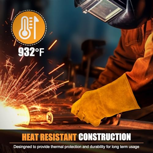 14IN Welding Gloves 932℉ Fire & Heat Resistant - Premium Leather Forge Gloves for Welder, Blacksmith, Fireplace, Wood Stove, Fire Pit, Grilling, Furnace 14IN Brone