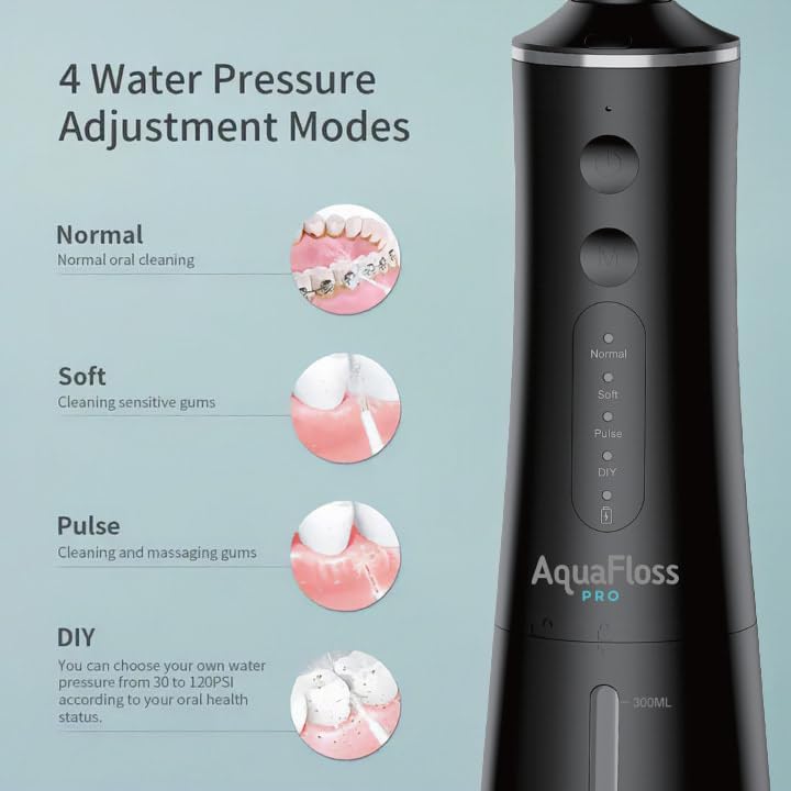 Water Dental Flosser Teeth Pick Portable Cordless Oral Irrigator 300ml Water Tank Rechargeable Travel Teeth Cleaner IPX7 Waterproof Electric Water Flosser BV609 (Black) Black