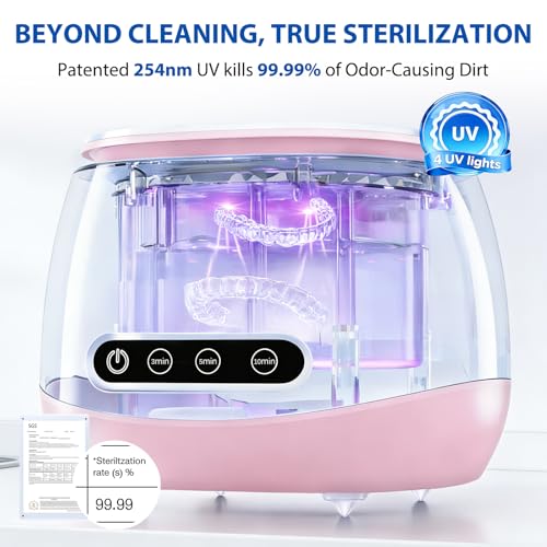 Dental Ultrasonic Retainer Cleaner Machine - 52kHz Dental Appliance Cleaner for Retainers, Dentures, Aligners, Mouth Guards, Toothbrushes & Jewelry, 200ML Pink, Quiet & Portable