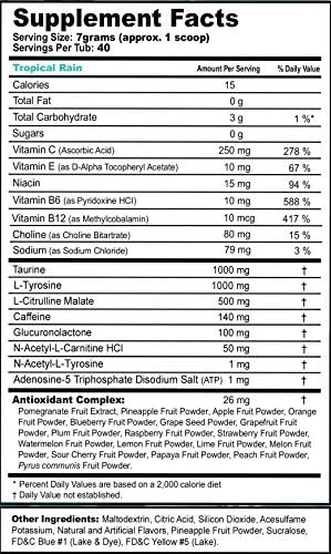 Gamma Labs G Fuel Tropical Rain Energy Drink Powder, Pre Workout Caffeine Mix for Gaming, Sugar Free Focus Amino, Vitamin + Antioxidants, 9.8oz Fruit Medley, 40 Servings Pineapple Raspberry Medley