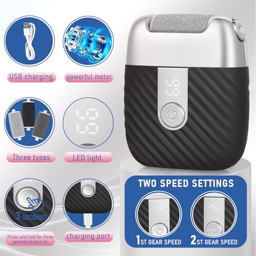 Electric Foot File with 2 Speeds & LED Display, Rechargeable Callus Remover with 3 Grit Heads (Coarse/Medium/Fine), Pedicure Tools for Feet Hard Skin Smooth Polishing (Black)