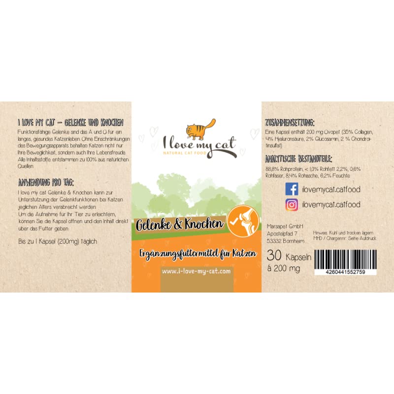 I love my cat Joints and bones capsules for optimal joint health for your cat. Provides the cat's joints with important nutrients such as collagen and hyaluronic acid 30 capsules - BeesActive Australia