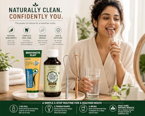 Bentodent Complete Oral Care Kit – Bentonite Clay Toothpaste, Coconut Oil Pulling Oral Rinse with Neem & Mint, 2 Stainless Steel Tongue Scrapers | Fresh Breath, Cleaner Tongue & Healthy Smile Bundle