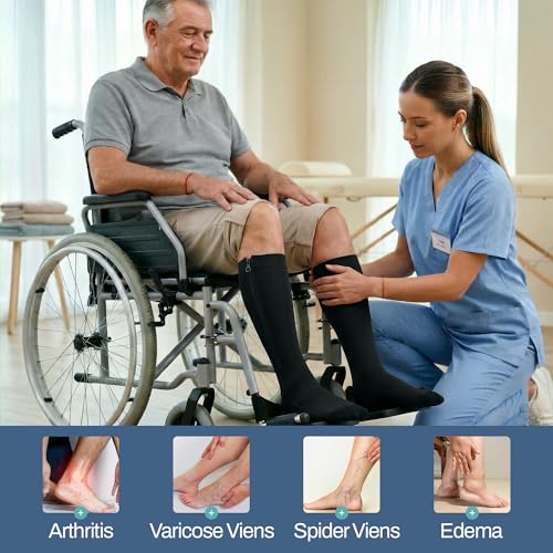 TheraMagic® Zipper Compression Socks for Men & Women, 20-30mmHg Closed Toe Graduated Zippered Compression Stocking Large-X-Large Black/Copper Dyed Black