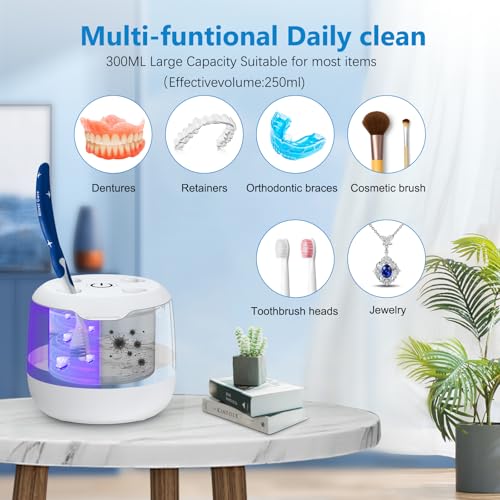 Ultrasonic Retainer Cleaner - Retainer Cleaner Machine for Dentures,250ml Mouth Guard Cleaner, Aligner Cleaner, Braces,Toothbrush Heads Cleaner, 2 Modes Dental Cleaning Pod