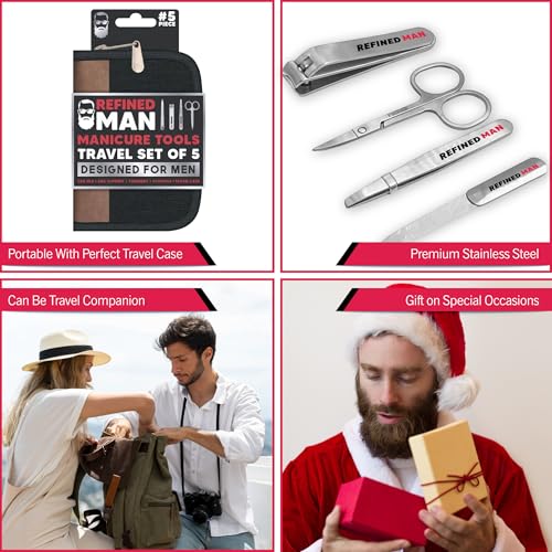 BLKSMITH Refined Man Manicure and Pedicure Kit Set of 5 - Manicure Kit for Men - Nail Clipper Kit with Nail File, Clippers, Scissors, Tweezer & Travel Case - Designed for Men (Black) Black