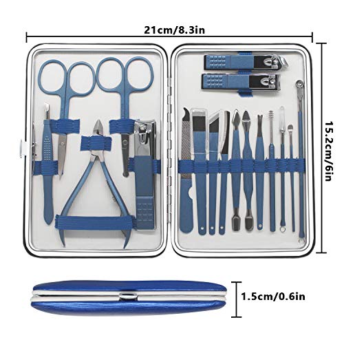 18 Pieces of Stainless Steel Nail Trimming and Beauty Kits - Nail Clippers, Nail Files, Tweezers, Nose Scissors, Eyebrow shavers, Ear Spoons, Blue Leather suitcases.