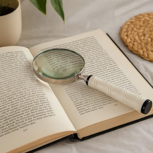 10X Magnifying Glass Lens with Nickle Finish & Carved White Resin Handle – Large Handheld Magnifying Glass for Reading, Vintage, Big Magnifying Reader (White)