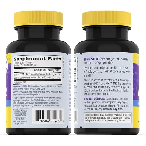 InnovixLabs Full Spectrum Vitamin K2-90 Softgels with 600 mcg of Trans Form MK7 and MK4 - Supports General Health and Bone Strength - Soy and Gluten Free K2 Vitamin Supplement (Pack of 2) 90 Count (Pack of 2)