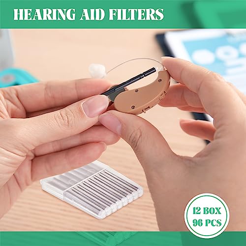 TrelaCo 96 Pcs Hearing Aid Ear Wax Guard Filter Cerumen Stop Cleaning Tool Accessories Hearing Aid Cleaning Kit with Carry Case Compatible with Phonak, Widex, Resound Wax Traps, 12 Packs