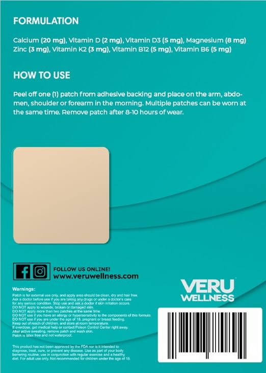 Veru Wellness Calcium Magnesium Patch - D3 & K2 Formula, 60 Count | Easy To Apply